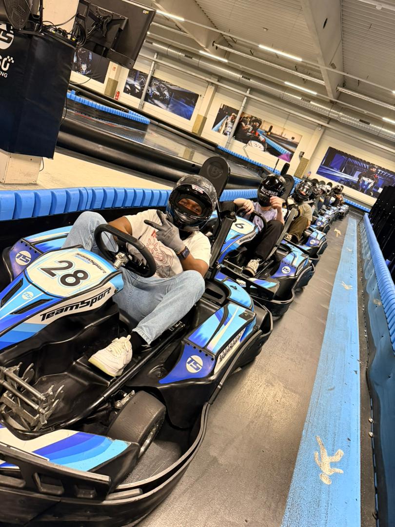 Students joining a Study and Chill Lounge go-karting event